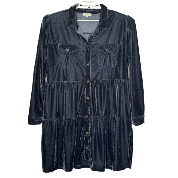 Umgee Tiered Ruffle Dress Sz Large Blue Velvet Long Sleeve Button Front Pockets - Picture 1 of 7